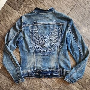 Harley Davidson Pinstripe Wings Studded Rhinestone Blue Denim Jacket Size Medium